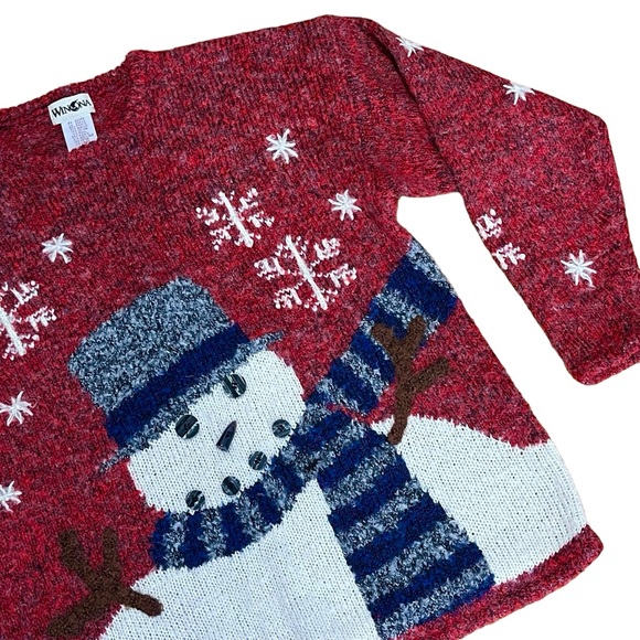 Winona Red White Snowman Sweater Embroidered Snowflake Embellished Pullover - Picture 1 of 16